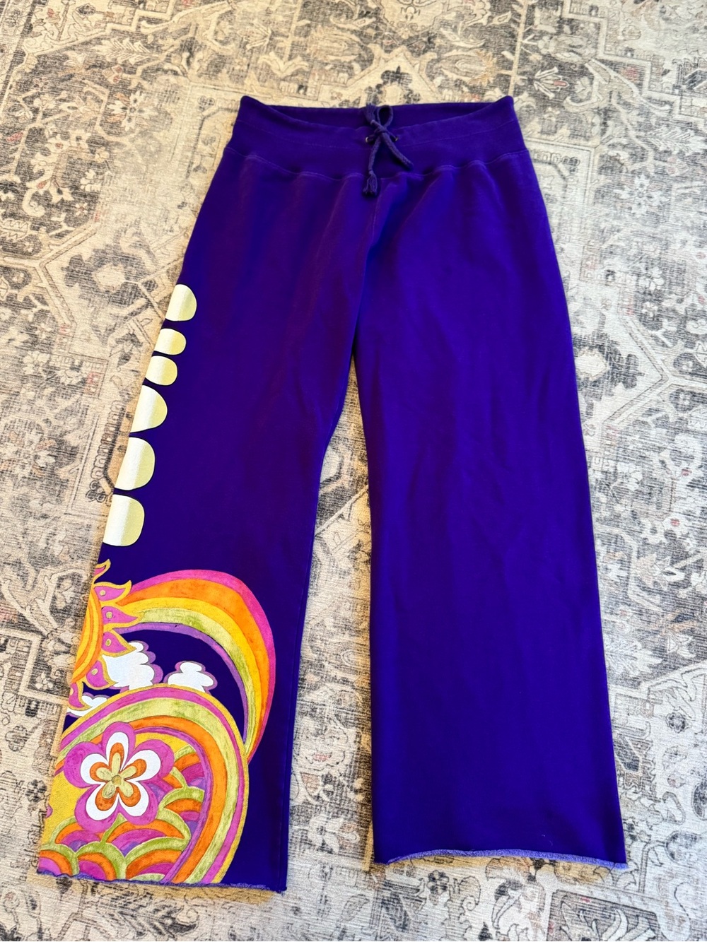Vintage Lucky Brand Y2K Purple Psychedelic Rainbow Floral Graphic Sweatpants, L